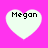 Four heart-shaped icons with 'Megan' text on a bright pink background, each displaying slight variations in pixelation and alignment.