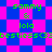 Pixelated green text on blue and pink checkered background with diamond pattern, showing repeated phrases and symbols.