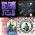Pixelated static image with four distinct sections: top-left purple abstract shape, top-right dark scene with green and white elements, bottom-left colorful gradient with blue and yellow, bottom-right circular green frame with red accents and central figure.