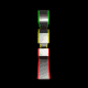 Animated sequence of a stylized figure in yellow, green, and red against black background showing rotation from side to front view.