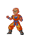 Two pixelated figures in orange martial arts uniforms with blue belts stand against a gray background, one in a fighting stance and the other crouched.