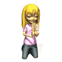 Animated sequence of a cartoon character with long blonde hair wearing pink shirt and dark pants, hands clasped in front, showing changing facial expressions from closed eyes to open mouth.