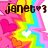 Pixelated icon with rainbow spiral background, pink heart, white heart, and text 'janel' with question mark.