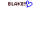 Brown pixelated text 'BLAKE!!' with a blue heart symbol replacing the second exclamation mark on the left side, and identical brown text on the right.