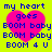 A bright yellow background features four identical pink heart shapes with blue text reading 'my heart goes BOOM baby BOOM baby BOOM 4 U' inside each heart.