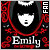 Pixelated icon shows a character with black hair, white face, and open mouth against red patterned background; text "Emily" at bottom and "FAN" on right.