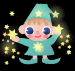 Pixelated cartoon character in teal robe and hat with yellow stars, holding a star, surrounded by glowing stars on black background.