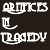 Static pixelated icon with white text and symbols on dark background, featuring stylized letters and a curved line element.