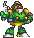Pixel art robot with green body, orange eyes, blue chest , yellow accents, and white boots on gray background