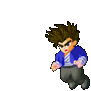 Pixelated character in blue jacket and gray pants shown in multiple poses including crouching, kneeling, and standing with fists clenched.