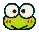 Pixelated green cartoon face with large white eyes and black pupils, showing four distinct expressions