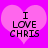 Two identical pixelated heart-shaped icons with pink fill and black text reading "I LOVE CHRIS" on a bright magenta background.