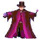 Animated sequence of a figure in a purple coat and top hat performing magic gestures with a wand, showing spell effects and explosions.