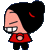 Pixelated cartoon character with black hair in a bun, red top, and pink skin shown across two animation frames on gray background.