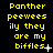 Yellow pixelated text on black background reads "Panther peewees ily they are my biffles" with small white plus or dot symbols at the end of each line.