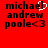 Red background with black text reading "michael andrew poole<3" in three lines; the letter 'l' in "michael" is replaced by a white heart symbol.