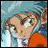 Pixelated anime-style character with light blue hair and green eyes, wearing an orange top, positioned next to black background with white text.
