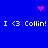 Blue background with repeated white text "I <3 Collin!" and pink pixelated heart and starburst symbols.