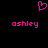 A static pixel art image with a black background, featuring two pink 'ashley' text labels and one pink heart symbol above them.