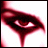 25 pixelated showing a single eye with dark red eyeliner and blood-like drips, each containing partial text fragments
