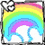 Rainbow arc with white clouds on left, multicolored flower with black center on top-right, and silver helmet with white heart outline on top-right.