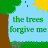 Pixelated scene with repeated trees, suns, and text 'the trees forgive me' on light blue background.