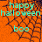 Animated orange background with dark spiderweb pattern displays "happy halloween" and "boo" text in cyan, transitioning to a solid gray