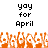Pixelated text 'yoy for April' appears twice above orange pixelated shapes resembling flowers or hands on a white background.