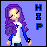 Pixel art character with long purple hair and blue accents on white shirt, standing against light blue background with vertical 'HIP' text.