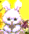 Pixelated white rabbit with large ears, dark eyes, and a brown nose holding a purple flower against a yellow background.
