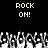 Black background with white pixelated text "ROCK ON!" repeated twice above a of pixelated hands raised in a rock gesture