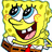 Yellow cartoon character with large blue eyes, wide grin, and brown pants on a yellow background with green text.