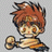 Pixelated anime-style character with spiky brown hair, large eyes, and a small smile, holding a cylindrical object against a checkered background.