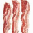 Three vertical strips of raw bacon on white background, red text 'BACON' top-right, 'RULES THE EARTH!!' bottom-left and bottom-right on red background.