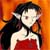 Pixelated figure with dark hair and pointed ears in red dress against orange background, static image.