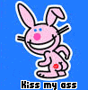 Pink cartoon bunny with blue eyes and pink nose on solid blue background, smiling widely with visible teeth in two showing slight body movement