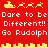 Red background with yellow pixelated reindeer and sleighs, white text repeating 'Dare to be Different!! Go Rudolph', and a yellow cityscape border.