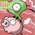 Animated icon with pink pig characters and green cartoon eyes on a red background, displaying text changes.