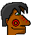 Pixel art of a brown-skinned figure's head in profile with dark gray hair, red spiral eye, green-and-white eyebrow detail, and three red vertical marks on the cheek.