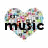 Heart-shaped pixel mosaic with text overlays; 'music' appears in top-left, 'is' in top-right, and 'life' in bottom-left across three views.
