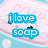 Pixelated text phrases in teal boxes over a pink and blue background with faint 'soap' text and bubbles.
