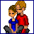 A 4-frame animated contact sheet showing a pixel art couple and evolving text, with the first frame featuring two characters and subsequent frames adding text elements.