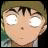 A 48x48 pixel buddy icon featuring a close-up of an anime character's face on the left and stylized text on the right against a black background.