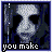 Pixelated face with dark eye sockets and blue background, text overlays change across frames.