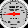 circular gauges with red needles moving through multiple positions, labeled 'SRT PROCOMP ULTRA-LITE' and 'BOOST' on a gray face
