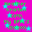Pixelated green text lists names and phrases over a pink background with cyan stars, repeating in two vertical