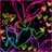 Animated sequence of heart-shaped outlines in neon colors against a black background with scattered star-like dots.