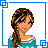 Animated contact sheet of a pixel-art character with braided hair wearing teal and white clothing, showing full-body views and text phrases in matching teal font.