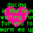 Four identical pink heart-shaped icons with green pixelated text reading 'dacing in the rain waiting for you to warm me up' on a black background.