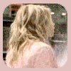 Animated sequence of a person with long blonde hair in a pink top turning from side to front to side, with a static 'OH FUCK' text box.